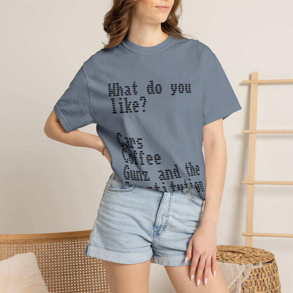 T-Shirt — "What do you like? Cars Coffee Guns Constitution" Graphic Tee