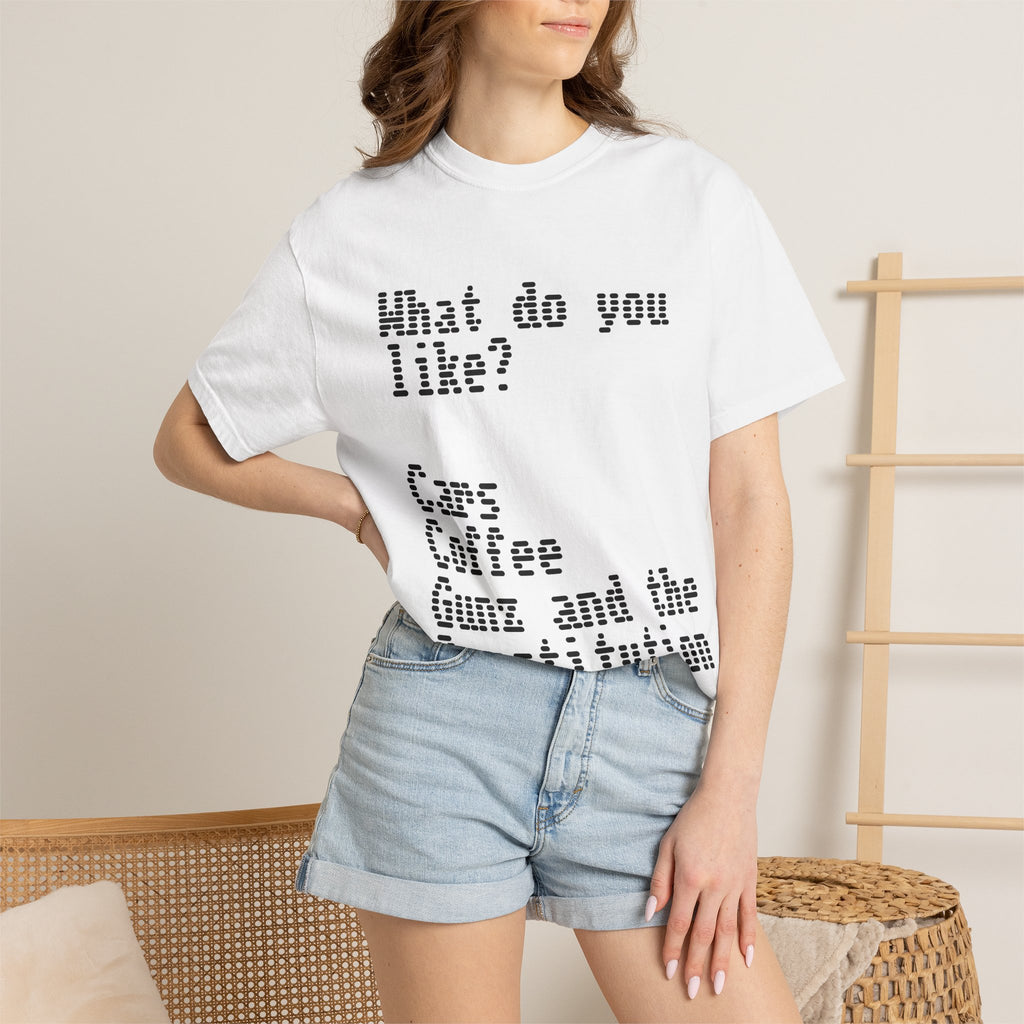 T-Shirt — "What do you like? Cars Coffee Guns Constitution" Graphic Tee