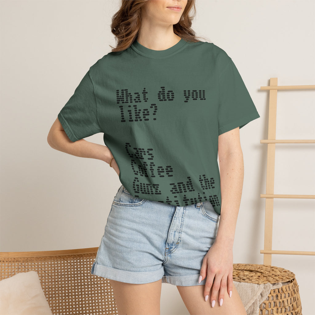 T-Shirt — "What do you like? Cars Coffee Guns Constitution" Graphic Tee