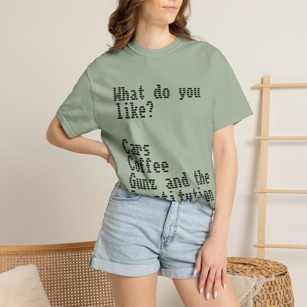 T-Shirt — "What do you like? Cars Coffee Guns Constitution" Graphic Tee