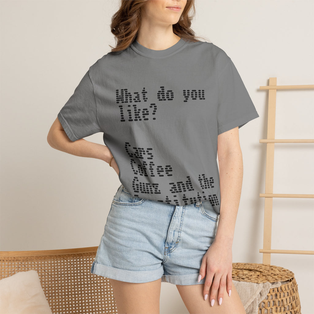 T-Shirt — "What do you like? Cars Coffee Guns Constitution" Graphic Tee