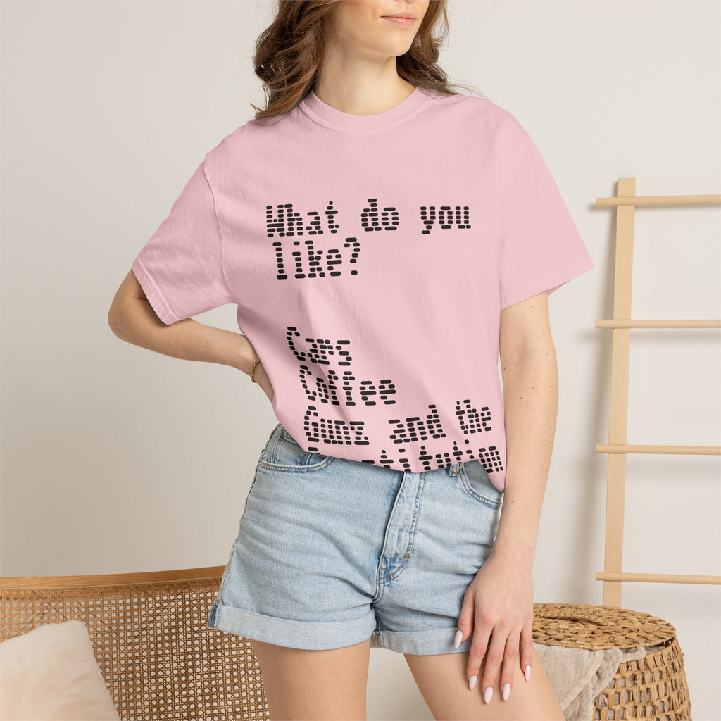 T-Shirt — "What do you like? Cars Coffee Guns Constitution" Graphic Tee