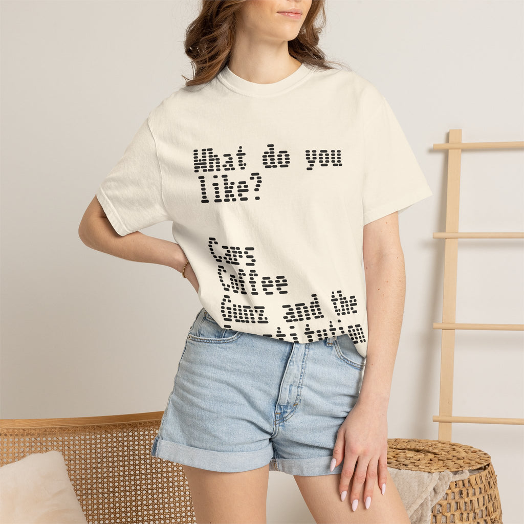 T-Shirt — "What do you like? Cars Coffee Guns Constitution" Graphic Tee