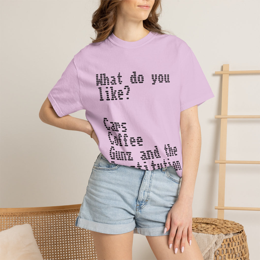 T-Shirt — "What do you like? Cars Coffee Guns Constitution" Graphic Tee