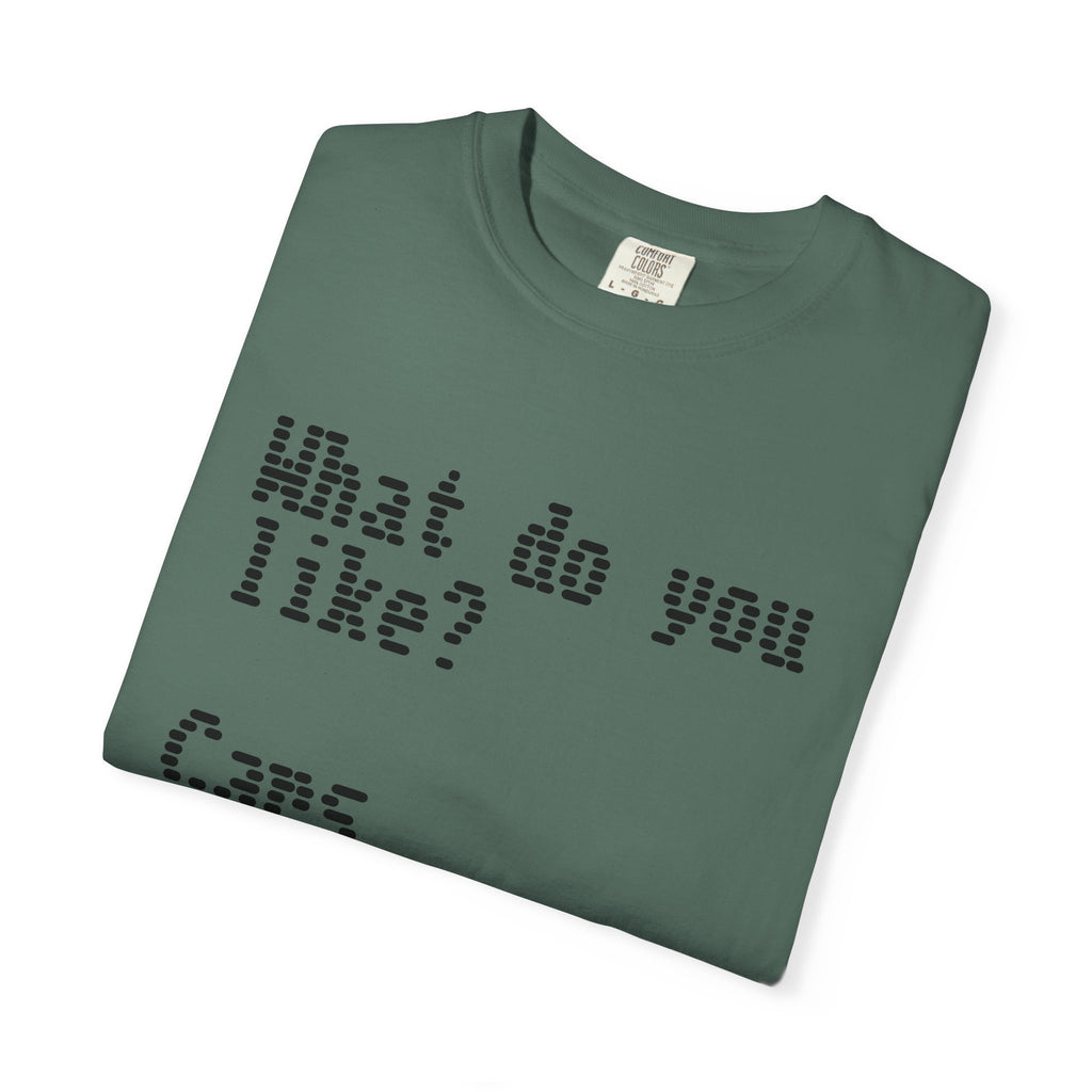 T-Shirt — "What do you like? Cars Coffee Guns Constitution" Graphic Tee